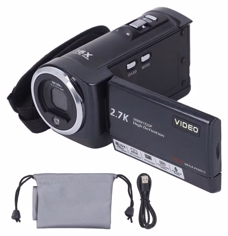 Videocamera QHD 2,7K, 50 MP, zoom digitale 16x, videocamera, rotazione a 270 gradi, registrazione dello schermo, registrazione con webcam durante la ricarica, 64 GB