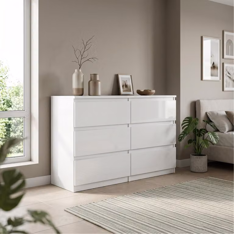 Comò Masseno NUDO da 120 cm con 6 cassetti e ante, per soggiorno e camera da letto, stile moderno, 120x39x78,5 cm, bianco / bianco