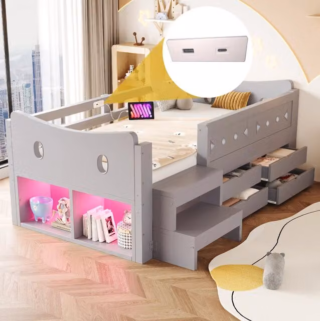 Letto per bambini 90x200 cm in legno grigio con contenitore, senza materasso –