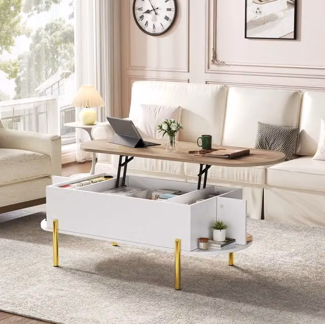 Tavolino da caffè sollevabile 120x50 cm con vano contenitore, bianco e legno