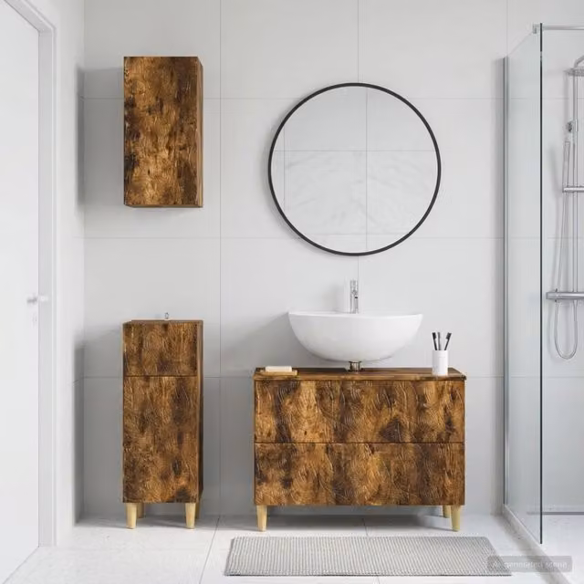 Set di mobili da bagno minimalisti vidaXL in legno di rovere marrone composto da mobile lavabo e pensili a parete