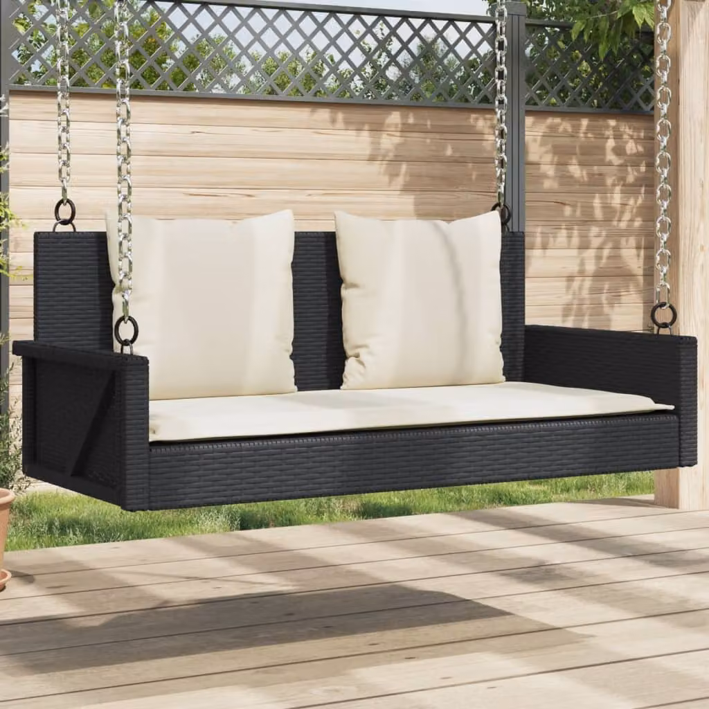 Panca a dondolo vidaXL in polyrattan con cuscini, colore nero e bianco, L 119 x P 56 x H 48 cm
