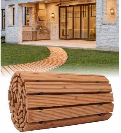 Sentiero da Giardino Curvo VEVOR in Legno di Cedro Marrone con Collegamento in Fune Metallica Antiscivolo L: 243 cm, P: 43,18 cm