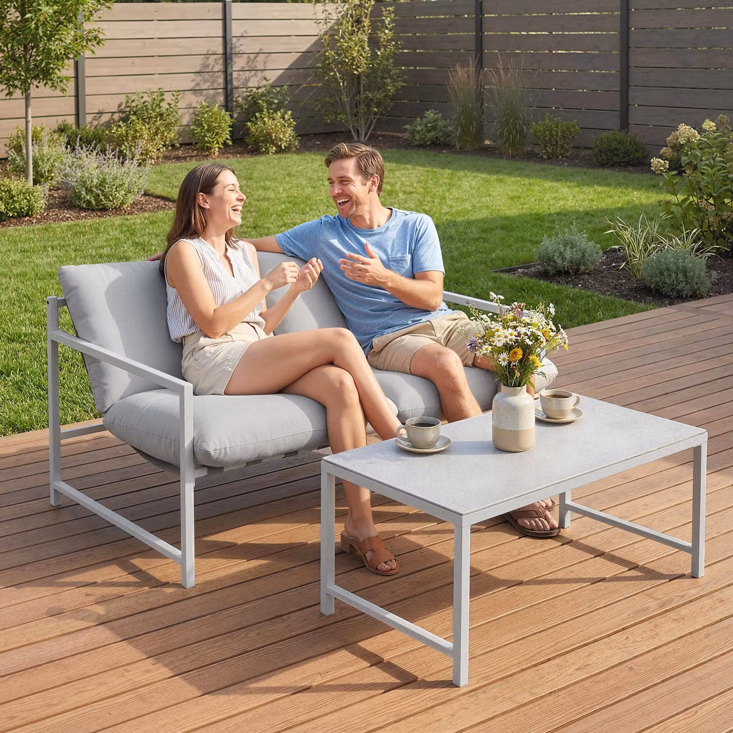 Set di 2 pezzi salotto da giardino Outsunny con divano e cuscini e tavolino in vetro temperato effetto marmo 3D, Grigio Chiaro, L: 125 cm, P: 80 cm, H: 64 cm – 2