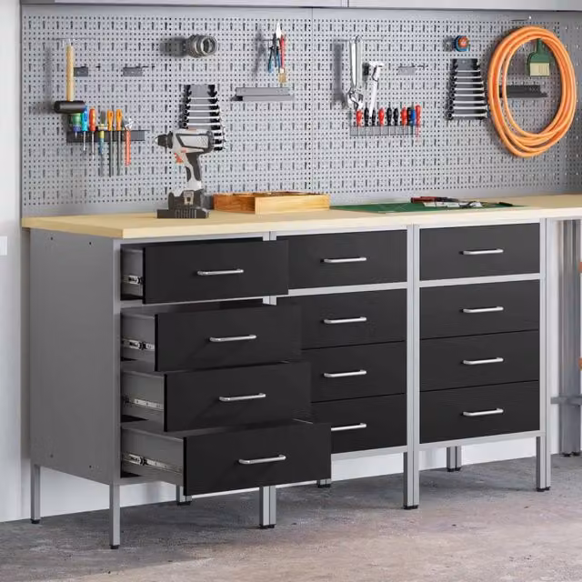 Set di 3 mobili da lavoro vidaXL in acciaio e legno, Nero e Grigio, L: 150 cm, P: 55 cm, H: 85 cm – 1