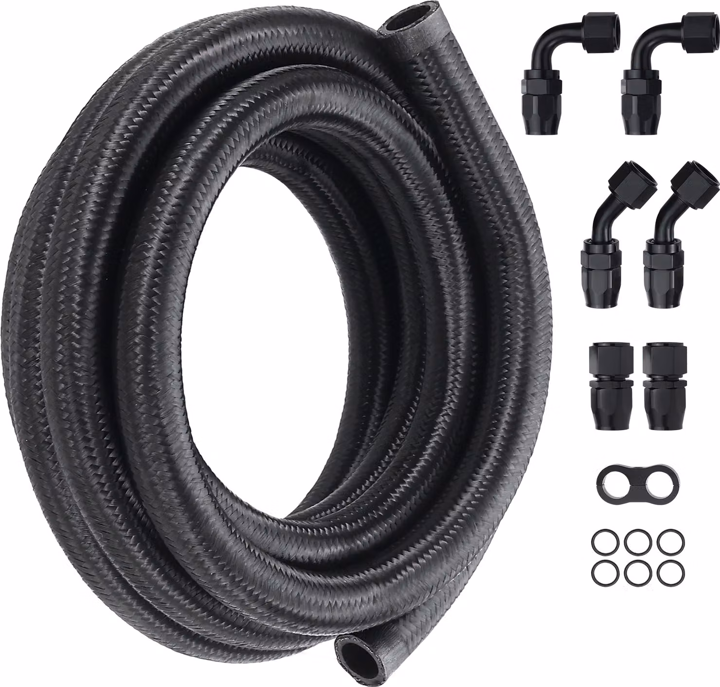 SucceBuy Kit linea carburante 10AN, 10 piedi di tubo carburante in nylon con treccia in acciaio inox, raccordi terminali per tubo olio/gas/gasolio da 0,55 pollici, set di adattatori girevoli da 7 pezzi, nero