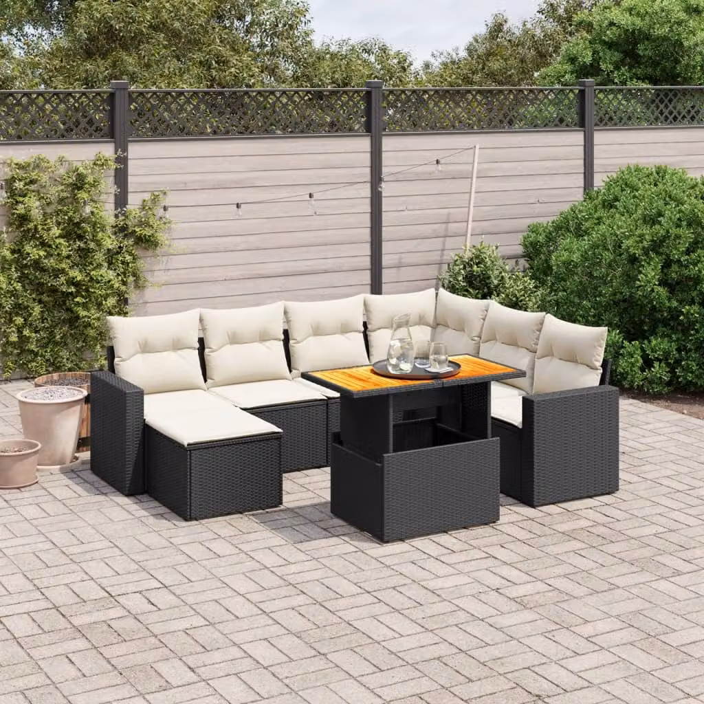 vidaXL Set Divani da Giardino in Polyrattan Nero con Cuscini e Tavolino da Esterno 8 pz – 1