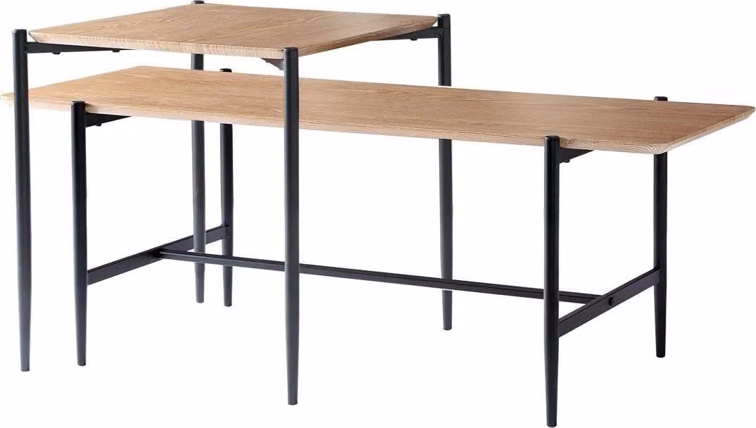 Calicosy - Set di 2 tavolini da caffè impilabili con finitura effetto legno e gambe in metallo nero L100 cm - JESSIE