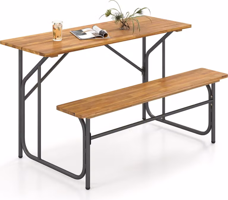 Tavolo da balcone con panca COSTWAY, mobili da giardino, mobili da balcone, set da balcone con piano in legno di acacia e gambe in metallo, set di sedute per 2 persone
