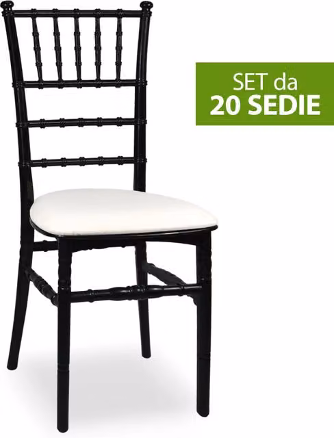 Set da 20 sedie Chiavarine Okaffarefatto in plastica nera impilabili con cuscini in similpelle bianco