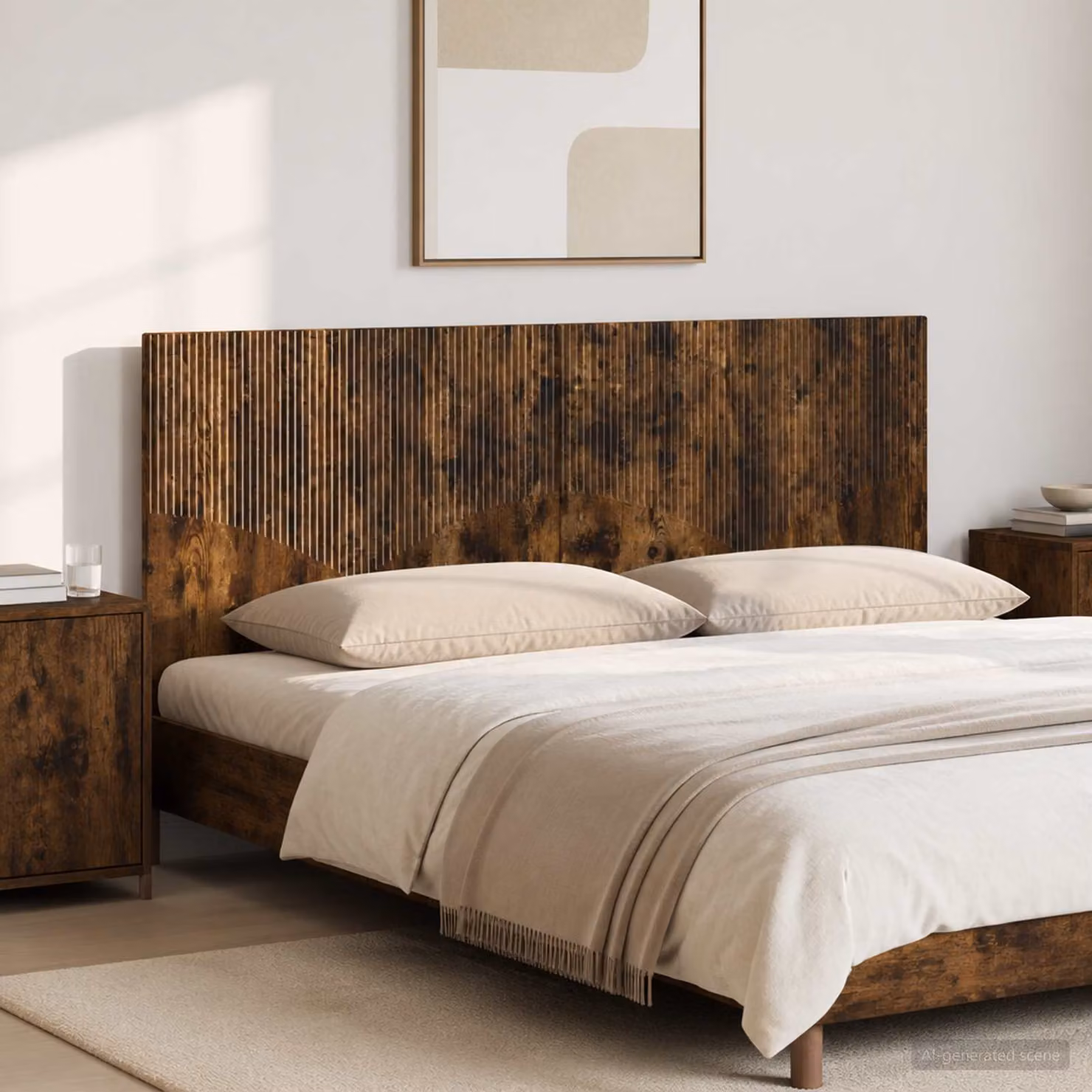 Testiera da muro vidaXL HOORN in legno ingegnerizzato Rovere Fumo con mensola integrata, L: 180 cm, H: 50 cm, P: 15,56 cm
