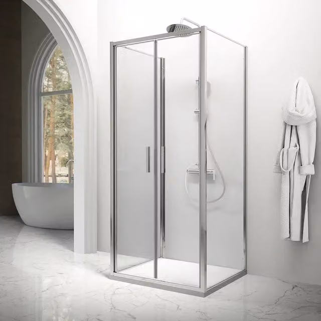 Box doccia tre lati 70x75x70cm con porta saloon profili cromati e vetro 6mm trasparente h190 | Portofino