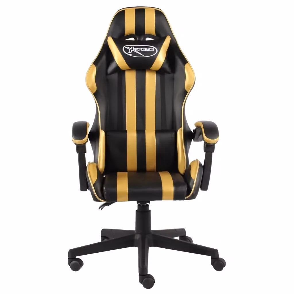 Sedia da Gaming Sportiva in Similpelle Nero e Oro con Poggiatesta e Ruote per Adulti – 2