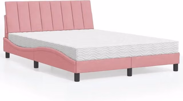 Letto moderno vidaXL con materasso Hanko in velluto rosa e bianco, dimensioni 140x200 cm