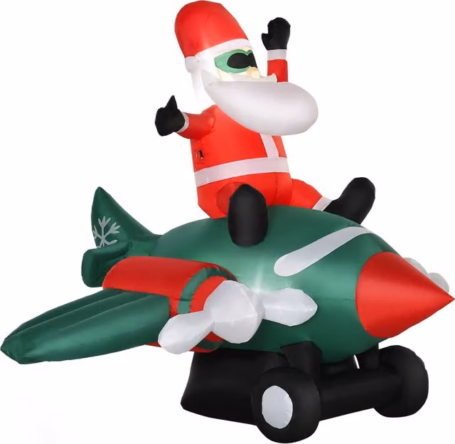 Decorazione Natalizia Gonfiabile HOMCOM Babbo Natale su Aereo con Luci LED Multicolore, Altezza: 160 cm