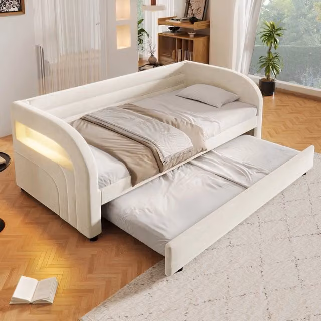 Letto imbottito beige 90x200 con letto singolo estraibile e illuminazione LED