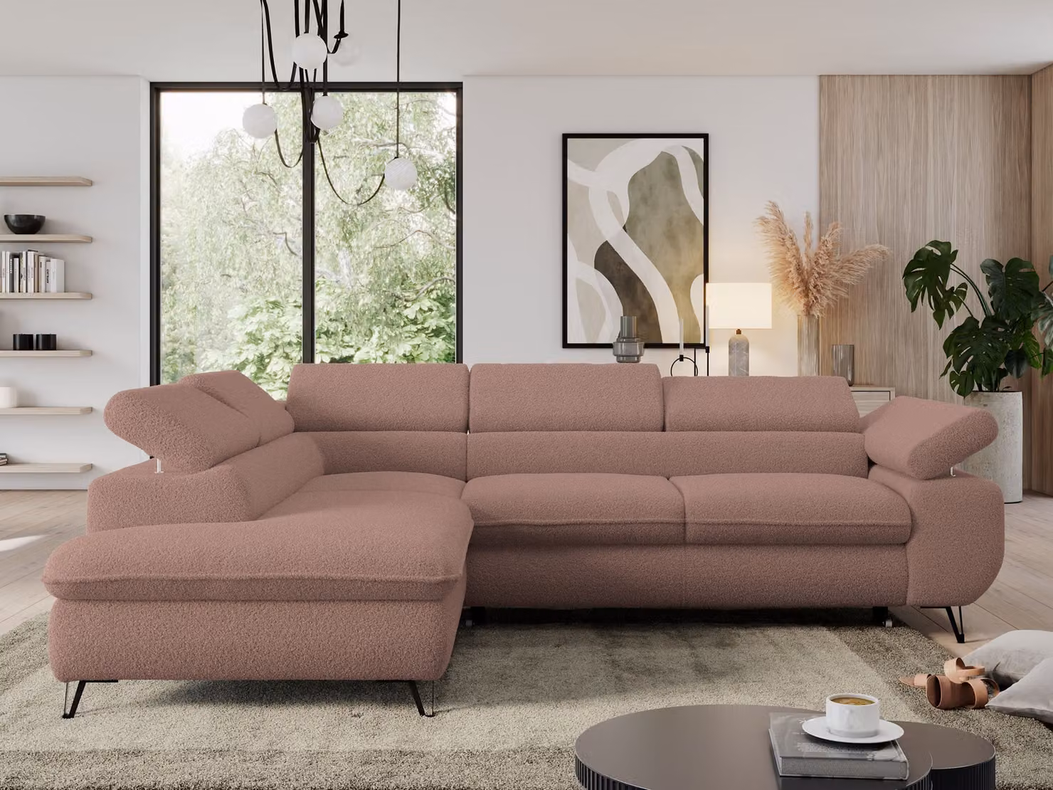 Divano con funzione letto, divano angolare a L, divano da salotto, con poggiatesta regolabili - PEDRO L - Boucle - Rosa - Sinistra