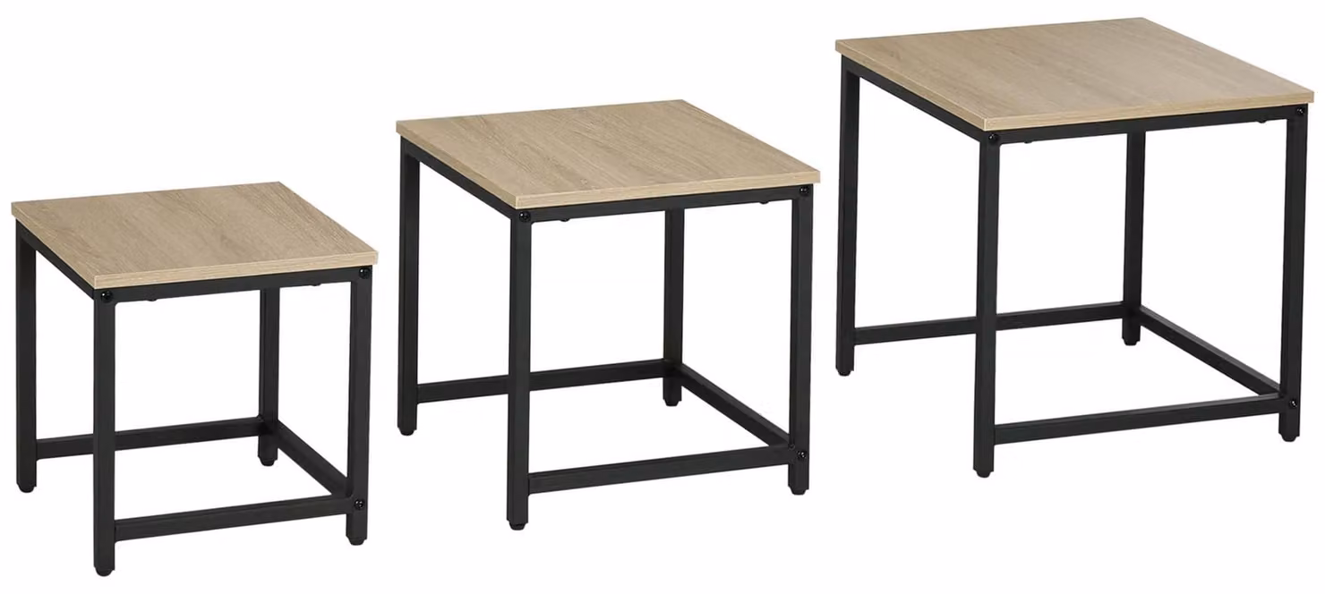 Set di tavolini da caffè - 3 pezzi - Tavolini quadrati - Struttura in metallo - Aspetto legno - Design industriale - Stile naturale