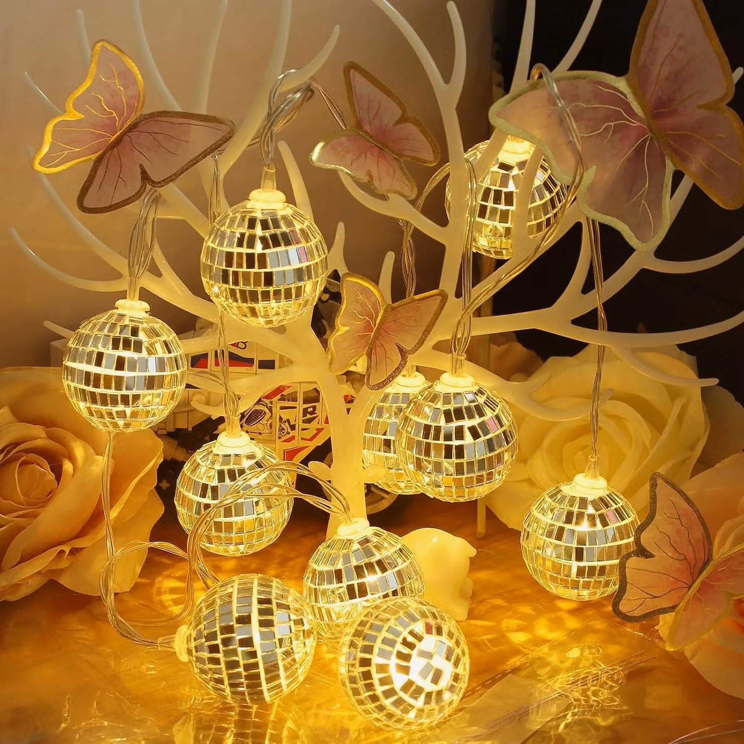Catena luminosa a sfera disco, con 10 LED bianco caldo, lunghezza 160 cm, adatta per interni ed esterni