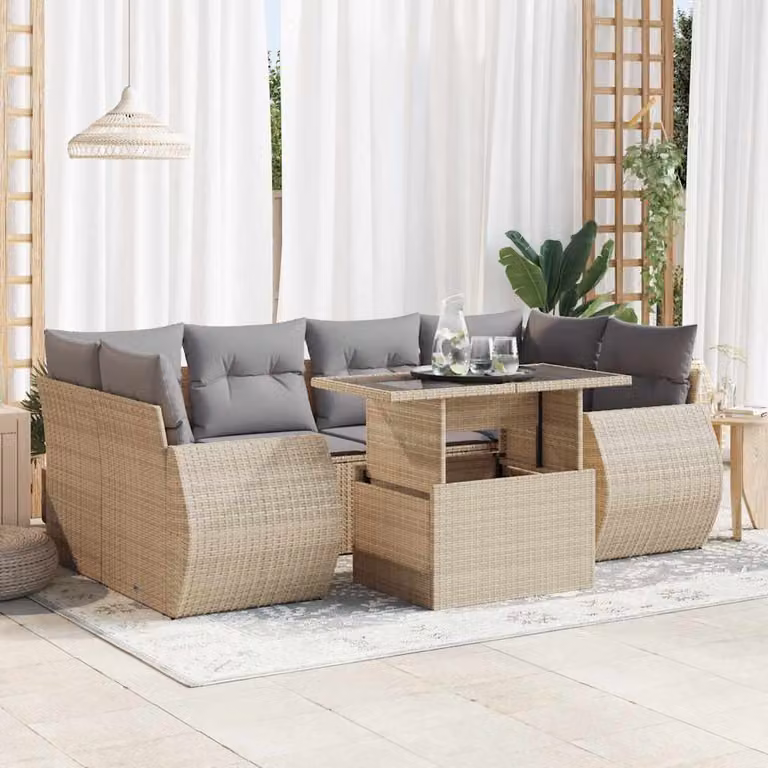 Set Divani da Giardino vidaXL 7 Pezzi a Forma di L con Cuscini Beige e Tavolino, Struttura in Metallo e Polyrattan per Terrazza e Giardino