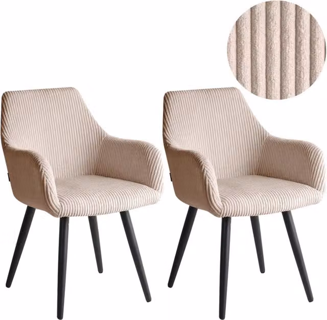 Set di 2 sedie da pranzo in velluto a coste rivestimento in velluto beige con braccioli base in metallo design moderno