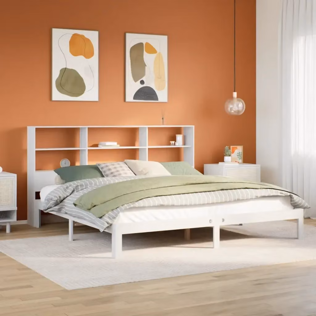 Letto matrimoniale in legno di pino bianco con libreria integrata e ripiani laterali L/P/H: 180 x 200 x 110 cm – 2
