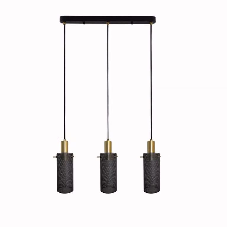 Lampada a sospensione a 3 luci, modello Tirana, finitura nero e oro