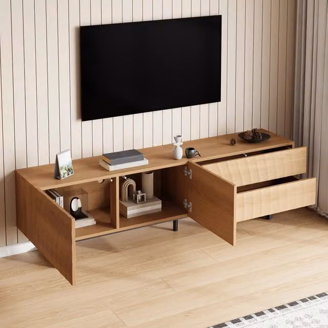 Mobile TV con 2 ante, 2 cassetti e passacavi, in truciolare naturale, per soggiorno, 180 × 38 × 51,5 cm