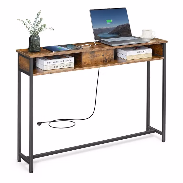 Tavolo Consolle con Multipresa, Marrone Vintage + Nero Inchiostro