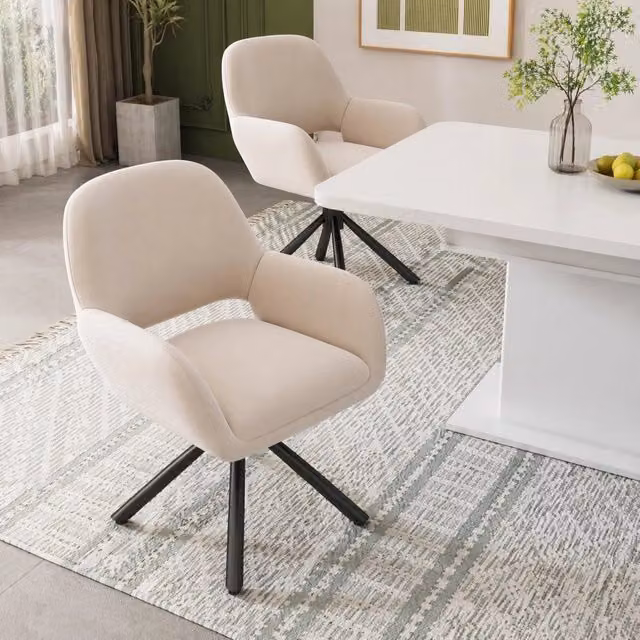 Set di 2 sedie da pranzo beige in velluto, girevoli con braccioli