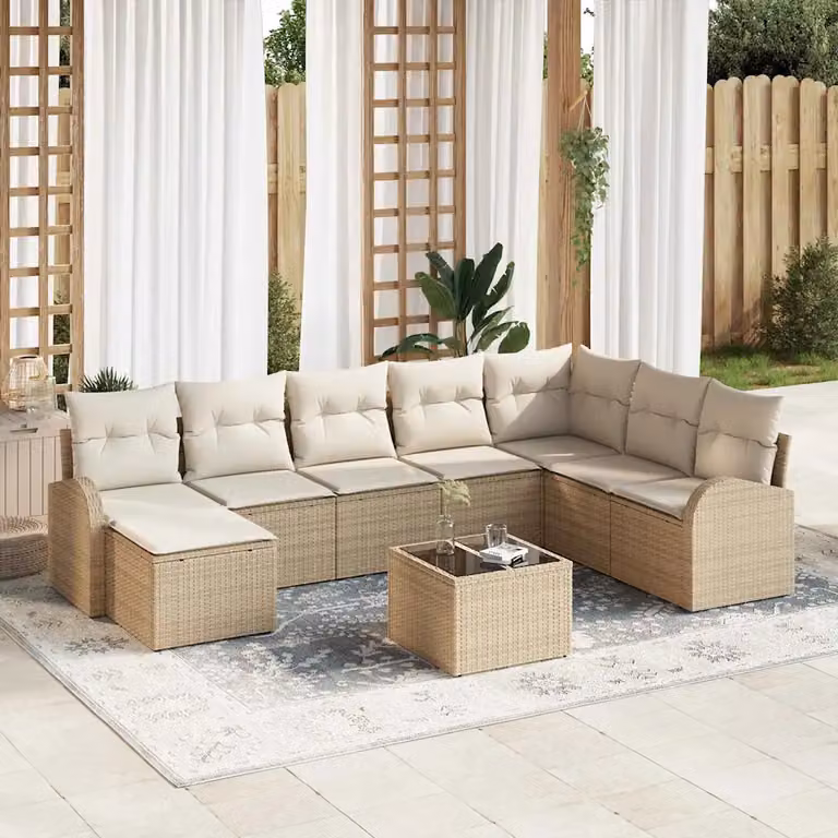 Set Divano da Giardino vidaXL 9 Pezzi in Polyrattan Beige con Cuscini e Tavolino