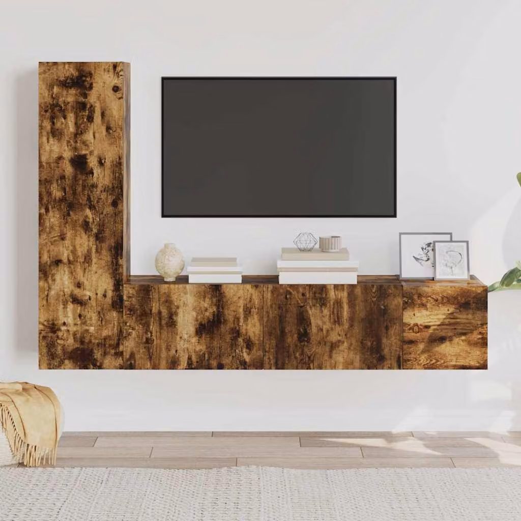 Set di mobili porta TV da 3 pezzi vidaXL in legno Rovere Fumo, design moderno a parete per il tuo soggiorno