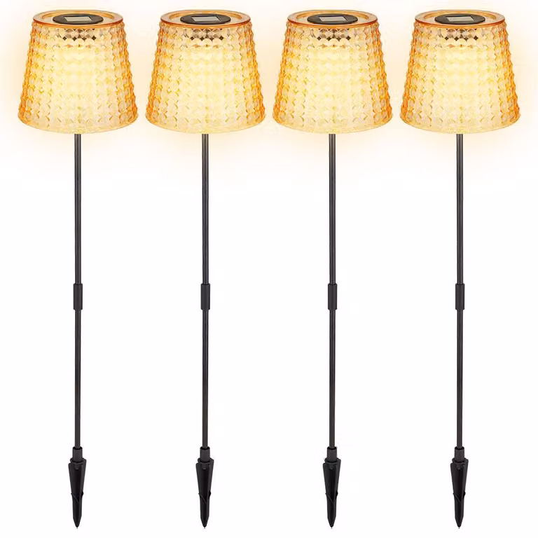 Set da 4 lampade solari a LED, picchetto da terra, plastica color ambra, H 60 cm