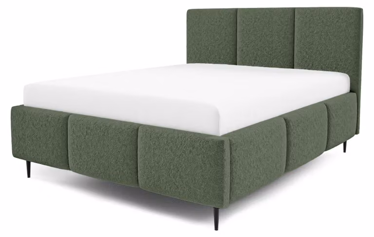 Letto imbottito con contenitore integrato, modello Melora, colore verde bosco, dimensioni 140 x 200 cm