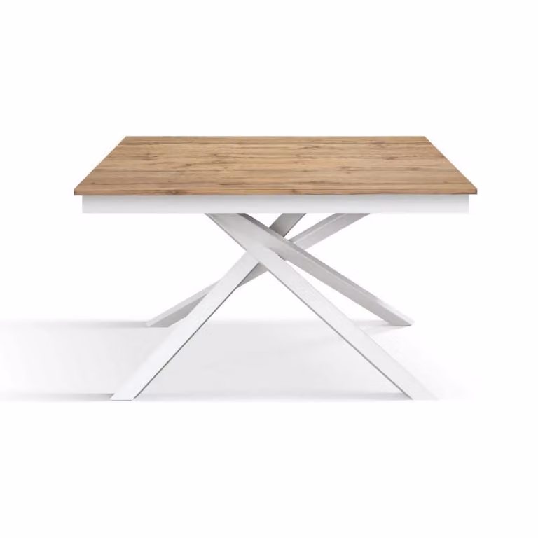 Tavolo VOLPAIA in legno, finitura rovere rustico e base in metallo verniciato bianco, allungabile 160×90 cm – 210×90 cm