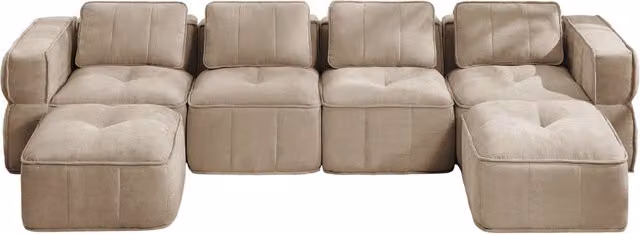 Divano modulare a U OKWISH da 4 posti con pouf, seduta profonda in poliestere, colore sabbia, L: 344 cm, P: 162 cm, H: 67 cm
