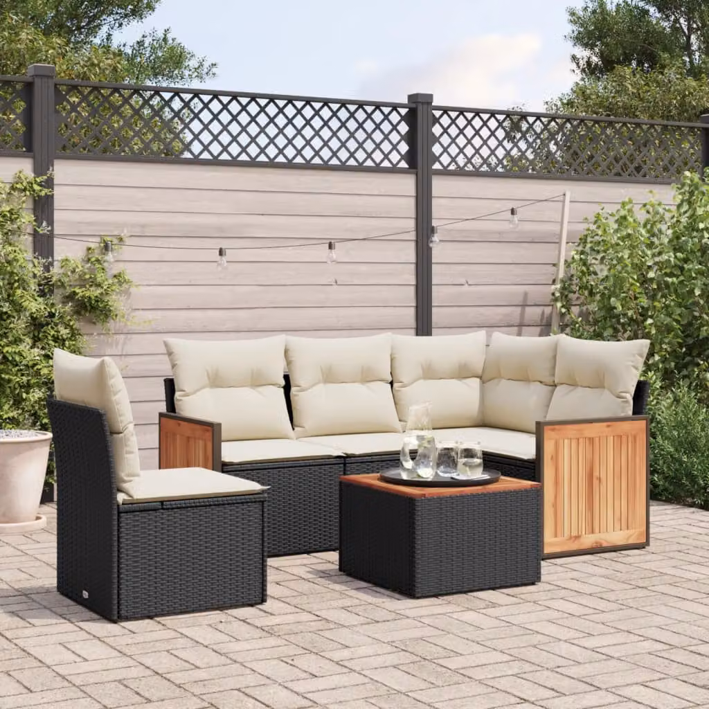 vidaXL Set Divano da Giardino a L 6 pz in Polyrattan Nero con Cuscini e Tavolino – 1