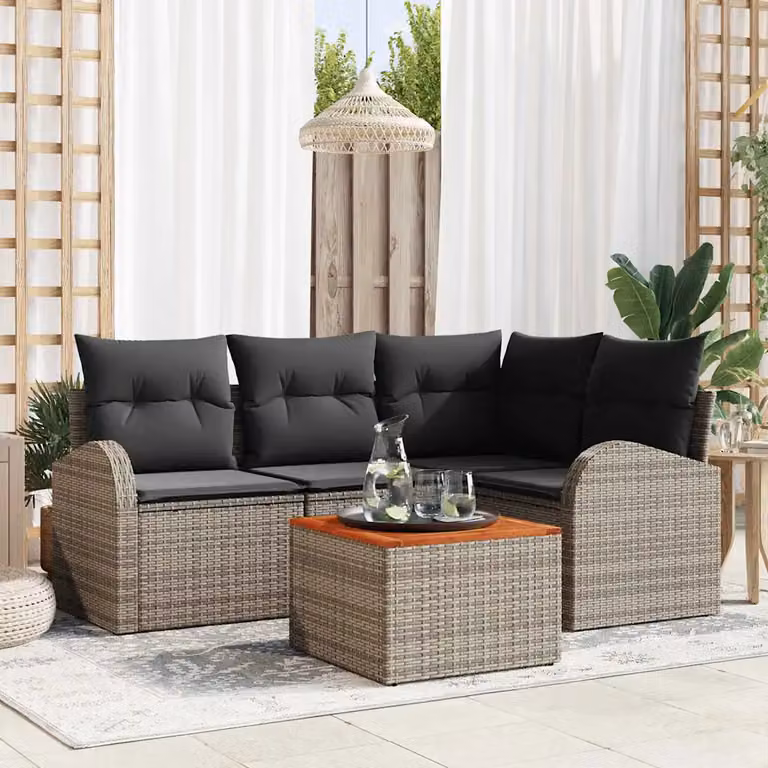 Set Divano da Giardino a L vidaXL 5 Pezzi Grigio con Tavolino e Cuscini in Polyrattan e Acciaio