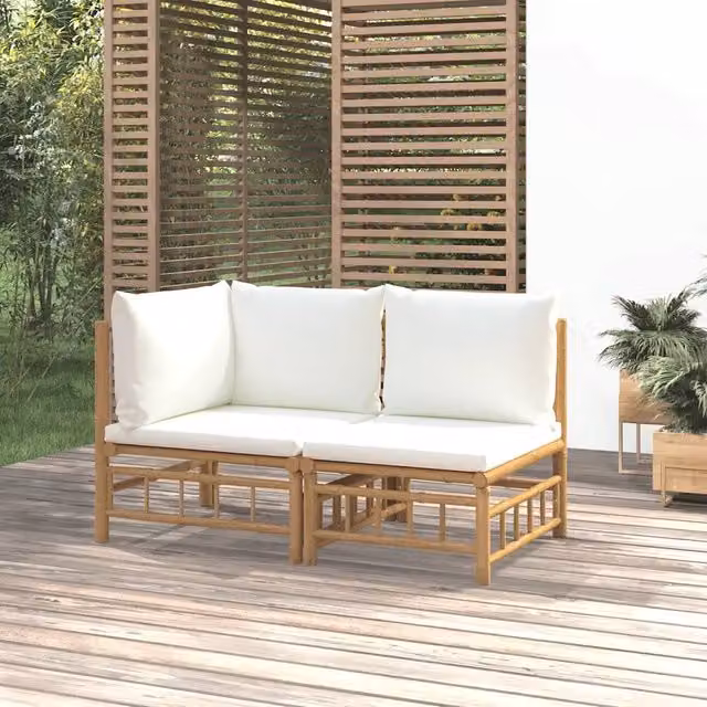Set Salotto da Giardino 2pz con Cuscini Bianco Crema in Bambù 362298