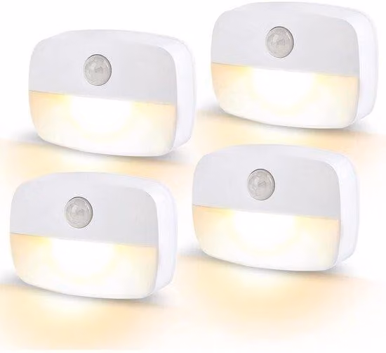 Lampada a 4 sensori - Interruttore notturno a LED - con sensore di movimento - Illuminazione per scale - Lampada con sensore di accensione/spegnimento automatico - per corridoi, bagni e camere da letto - Luce bianco caldo