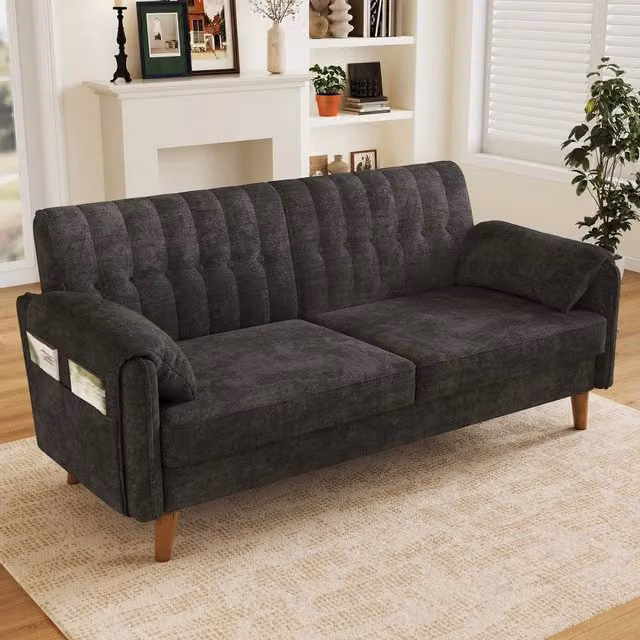 Divano 2 posti in tessuto ¨C Minimal ¨C grigio, gambe in legno massello, con braccioli e cuscini