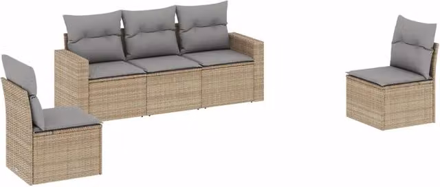 Set Divano da Giardino 5 Pezzi Moderno con Cuscini Beige e Grigio in Polyrattan e Struttura in Acciaio Verniciato a Polvere
