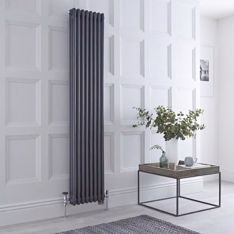 Radiatore Misto Verticale Antracite Triplo con Valvole in Nichel Satinato senza Termostato - 1800mm x 380mm - Regent