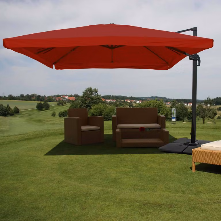 Ombrello semaforo gastronomico HWC-A96, ombrellone, 3x4m (Ø5m) poliestere/alluminio 26kg ~ falda, bordeaux con supporto