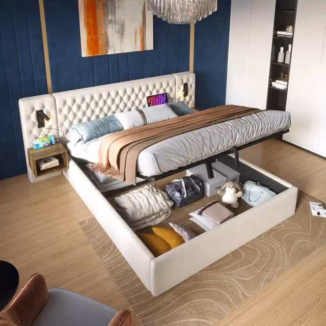 letto imbottito velluto beige 180 x 200 cm