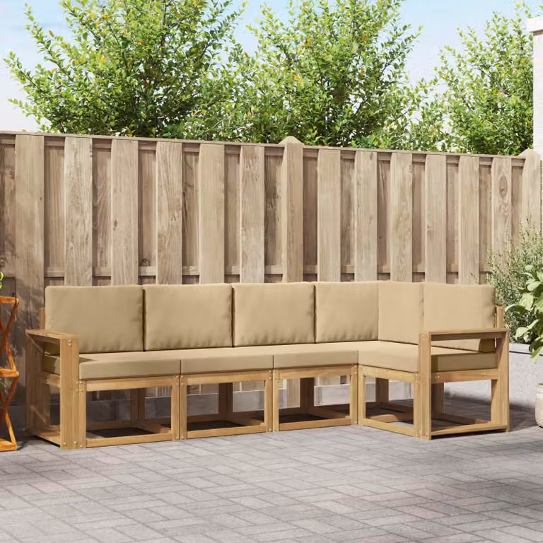 Set di divani da esterno vidaXL a forma di L in legno di acacia con cuscini, Bianco e Beige