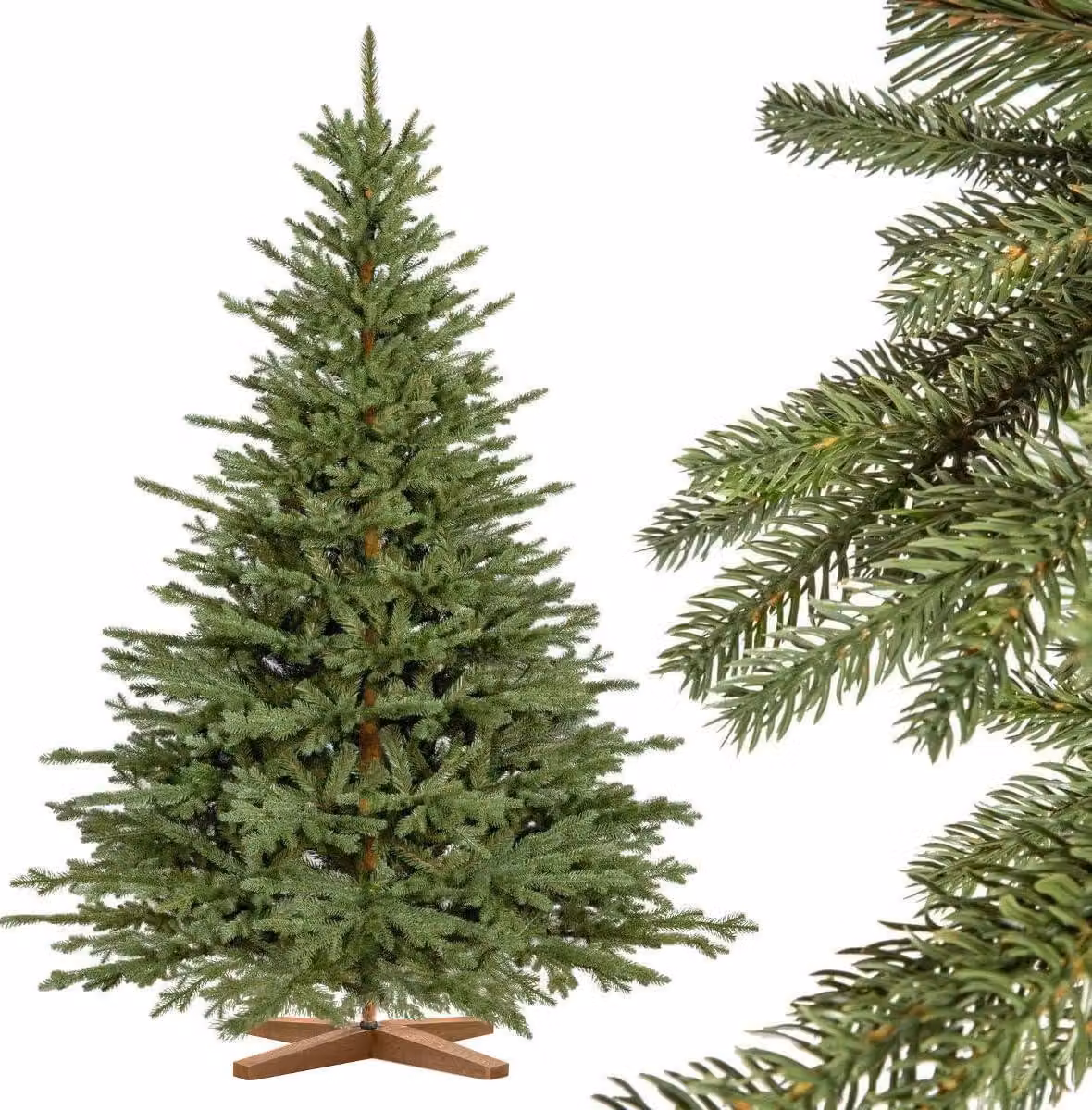 FAIRYTREES Albero di Natale artificiale 150cm Abete Bavarese Premium con supporto in legno | Prodotto in EU | Facile da Montare