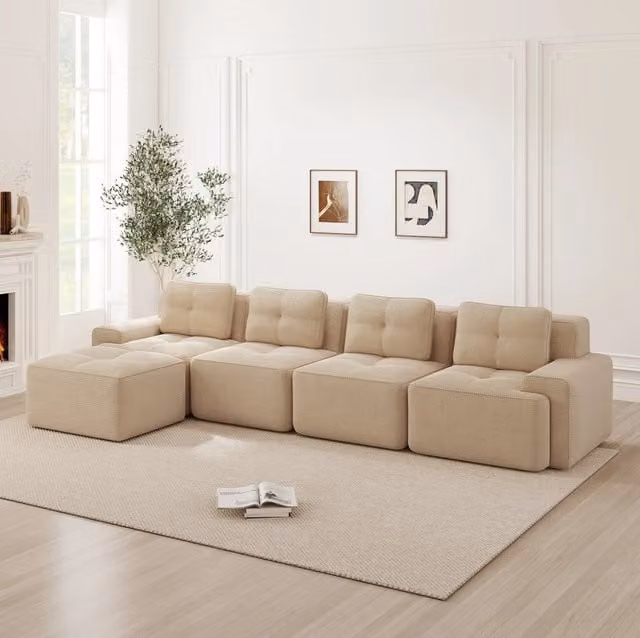 Divano modulare con chaise longue a L; 4 posti; tessuto corduroy; beige; 382x177x69 cm