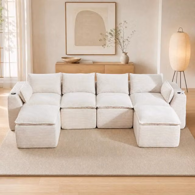 Divano modulare 322x161 cm in velluto a coste beige con tasche laterali HOMVRA