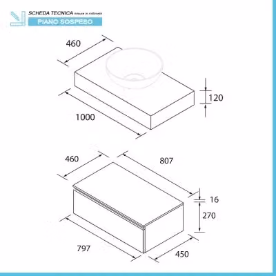 Composizione bagno Sumo in noce maya con mensolone da 100 cm e cassettiera sospesa da 80 cm – 2